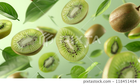 Bright and vibrant kiwi slices hover in mid-air, accompanied by green leaves, creating a stunning visual of freshness and vitality, perfect for enhancing a fruit-themed design 118451484