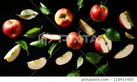 Ripe slices and whole apples are suspended in mid-air, surrounded by vibrant green leaves, creating an eye-catching, dynamic composition against a dark background Ripe slices and whole apples are suspended in mid-air, surrounded by vibrant green leaves, creating an eye-catching, dynamic composition against a dark background 118451485