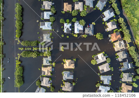 Hurricane Debby tropical rainstorm flooded residential homes in suburban community in Sarasota, Florida. Aftermath of natural disaster 118452106