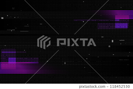 Glitch texture. Tech poster template. Digital color shapes and dots. Futuristic abstract background. Video signal distortion. Cyberpunk computer design. Vector illustration Glitch texture. Tech poster template. Digital color shapes and dots. Futuristic abstract background. Video signal distortion. Cyberpunk computer design. Vector illustration 118452530
