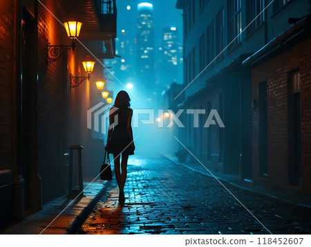 Girl walking through the city at night Girl walking through the city at night 118452607
