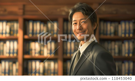 A middle-aged man in a suit standing in front of a heavy bookshelf 118453040