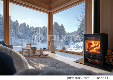 24 Stylish Living Rooms with Wood Stoves and Snowy Views from the Window AI-Generated Images 118453119