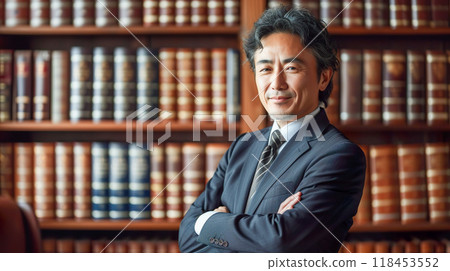 A middle-aged man in a suit standing in front of a heavy bookshelf A middle-aged man in a suit standing in front of a heavy bookshelf 118453552