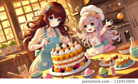 可愛的廚房場景,女孩們正在享受製作蛋糕的樂趣 可愛的廚房場景,女孩們正在享受製作蛋糕的樂趣 118453909