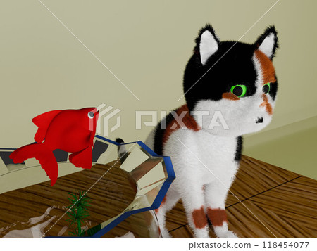 A soothing scene: a sitting kitten and a goldfish in a fishbowl 118454077