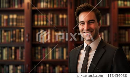 A white man in a suit standing in front of a bookshelf 118454088