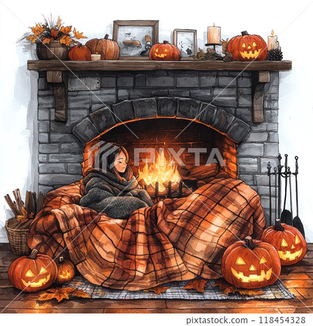 A girl in a warm, spacious sweater sleeps near a burning fireplace Watercolor Halloween illustration 118454328