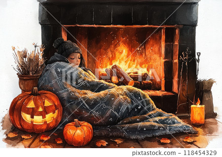 A girl wrapped in a blanket sleeps soundly near a burning fireplace, cozy Halloween vibe 118454329