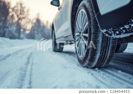 Car tires running on snowy roads in winter Car tires running on snowy roads in winter 118454455