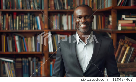 Smiling black man in suit with bookshelf Smiling black man in suit with bookshelf 118454468