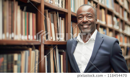 Smiling black man in suit with bookshelf Smiling black man in suit with bookshelf 118454470