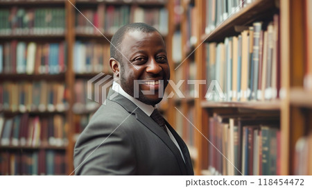 Smiling black man in suit with bookshelf Smiling black man in suit with bookshelf 118454472