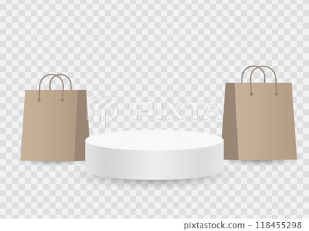 White blank podium stand to show product with brown paper shopping bags on transparent background, Vector illustration 118455298