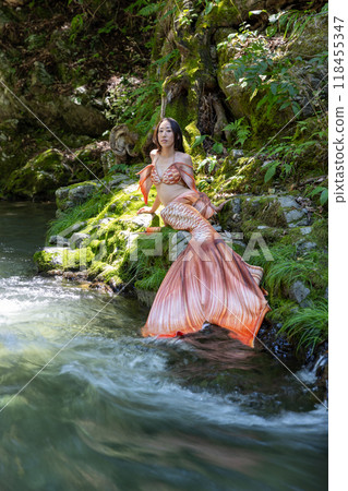 坐在河邊的黑髮女美人魚 118455347