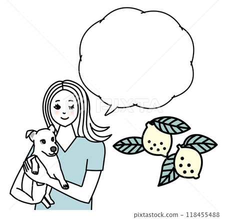 Illustration of a woman holding a dog and fruit Illustration of a woman holding a dog and fruit 118455488
