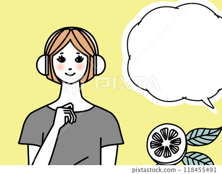 一個女孩戴著耳機聽音樂的插圖 一個女孩戴著耳機聽音樂的插圖 118455491
