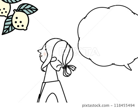 一個女孩抬頭看水果的插圖 一個女孩抬頭看水果的插圖 118455494