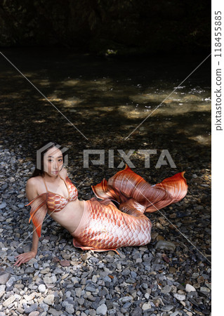 黑髮美人魚坐在河岸上 118455885