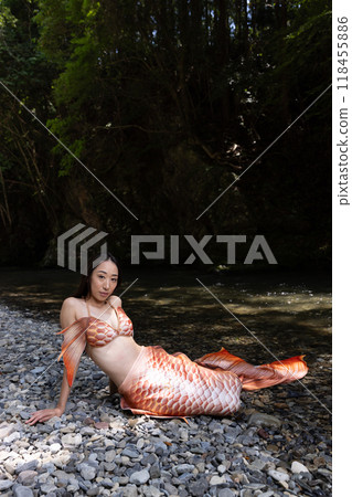 黑髮美人魚坐在河岸上 黑髮美人魚坐在河岸上 118455886