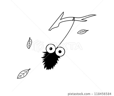 A simple and comical black and white illustration of a bagworm blowing in the wind A simple and comical black and white illustration of a bagworm blowing in the wind 118456584