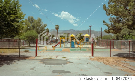 The deserted outdoor playground on hot sunny day.  118457076