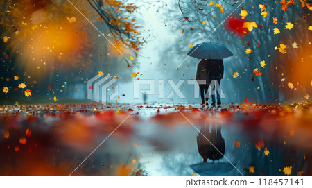A couple walks in the distance under an umbrella on a rainy day 118457141