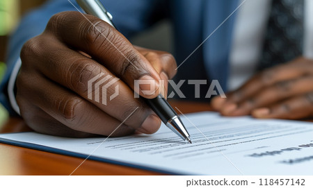 The hand of a man in a blue business suit signs a document with a fountain pen. 118457142