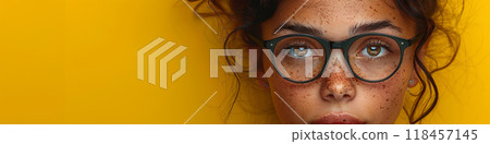 Eyes of a woman wearing glasses looking straight ahead 118457145