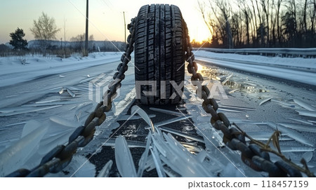 A tire chained to a chain on the side of an icy road  118457159