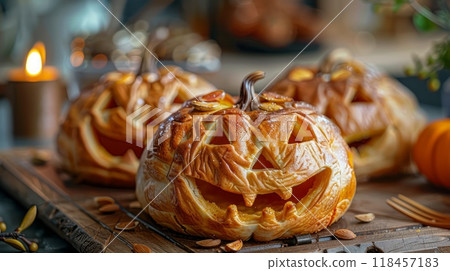 Pumpkin Pastry with Face on Wooden Table 118457183