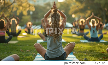 Yoga class in the park, in the sun 118457184