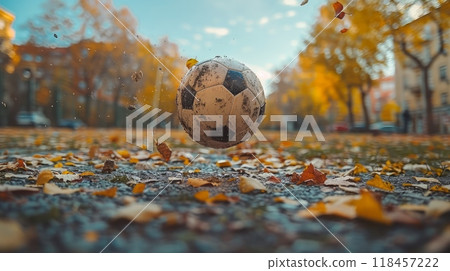 A soccer ball is flying through the air in a park, AI 118457222