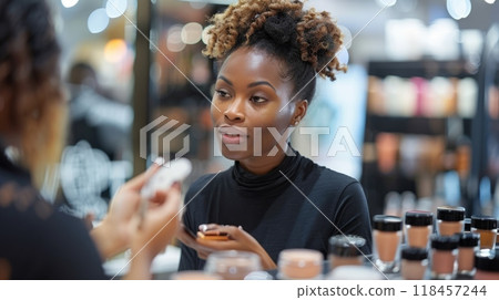 An African-American cosmetics seller and consults the buyer  118457244