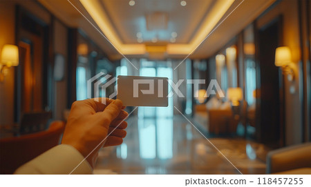 Credit card mockup in hands on hotel room background 118457255