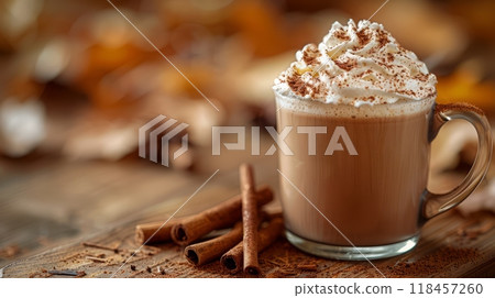 Glass Cup of hot cocoa with whipped cream surrounded by cinnamon sticks 118457260