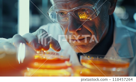 Close-up of a scientist in glasses looking at a petri dish with cultures 118457264