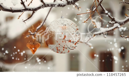 A close up of a christmas ornament hanging from the tree A close up of a christmas ornament hanging from the tree 118457265
