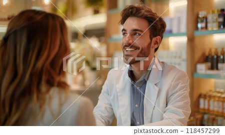 A young man in a light suit is smiling and talking to a woman 118457299