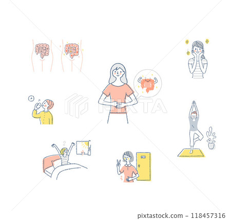 一組健康腸道和健康生活習慣的各種影像 118457316