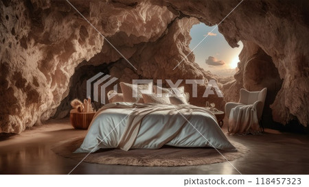 bed with exquisite linens in a rock grotto, with clouds behind the wal 118457323