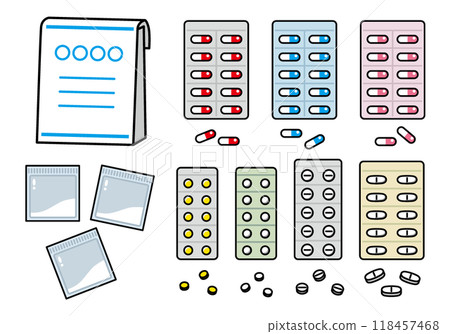 Illustrations of medicines: tablets, capsules, powder 118457468