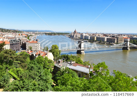 View of the Danube and Chain Bridge from Buda Castle 118457669
