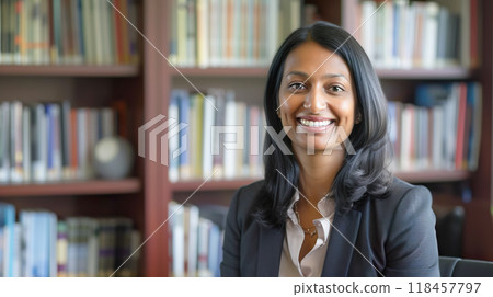 Indian woman in a suit standing in front of a bookshelf Indian woman in a suit standing in front of a bookshelf 118457797