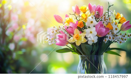 A colorful arrangement of tulips, daffodils, and cherry blossoms fills a glass vase, glowing in the gentle light of spring. A colorful arrangement of tulips, daffodils, and cherry blossoms fills a glass vase, glowing in the gentle light of spring. 118457997