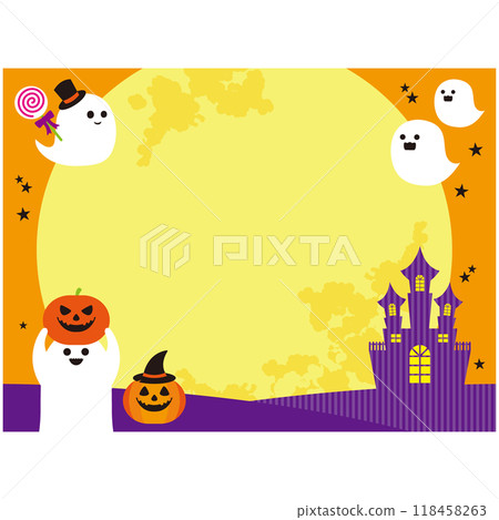 Cute Halloween frame with pumpkins, ghosts and castles Cute Halloween frame with pumpkins, ghosts and castles 118458263