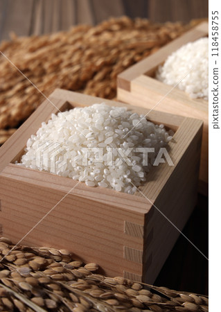 Rice and ears of rice in a masu Rice and ears of rice in a masu 118458755