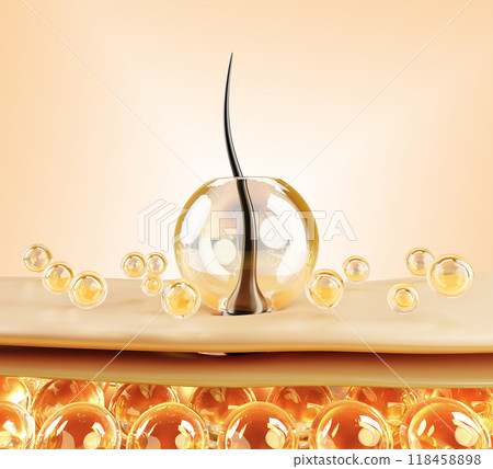 Hair care 3d render background. Scalp cell structure with follicle and gold oil drops, serum or essence. Nourish shampoo or balm, keratin repair. Beauty cosmetic product mockup banner. 3D illustration 118458898
