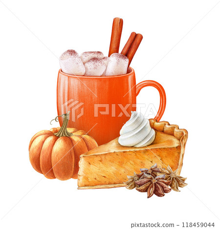 Pumpkin spice latte with marshmallow in a mug with pie slice. Vintage style painted illustration. Autumn traditional hot tasty drink with pastry. Pumpkin latte in orange cup on white background Pumpkin spice latte with marshmallow in a mug with pie slice. Vintage style painted illustration. Autumn traditional hot tasty drink with pastry. Pumpkin latte in orange cup on white background 118459044