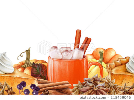 Autumn season tasty pastry and hot drink treats seamless border decor element. Pumpkin spice latte with marshmallow, cinnamon, pumpkin pie slice. Vintage style painted illustration 118459046